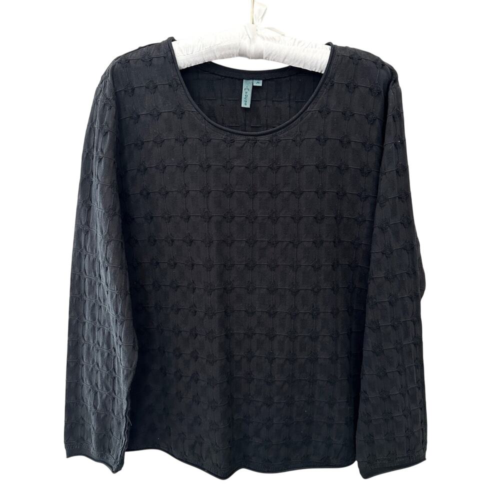 FOCUS Black Textured Quilted Top Long Sleeve Cotton Minimalist Classic | Medium
